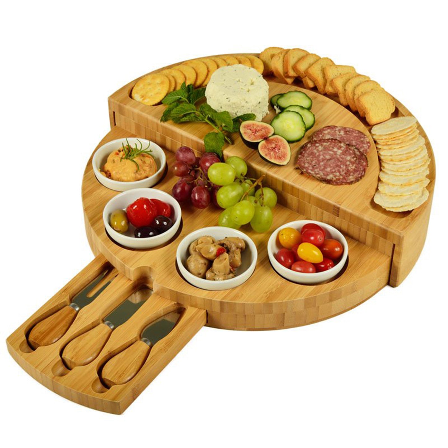 Wooden Delight Platter: Segmented Snacks & Sauces Stash